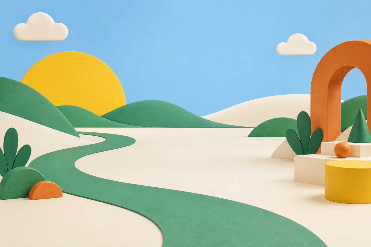 Mundo ilustrado Kinene en azul, verde, amarillo y naranja